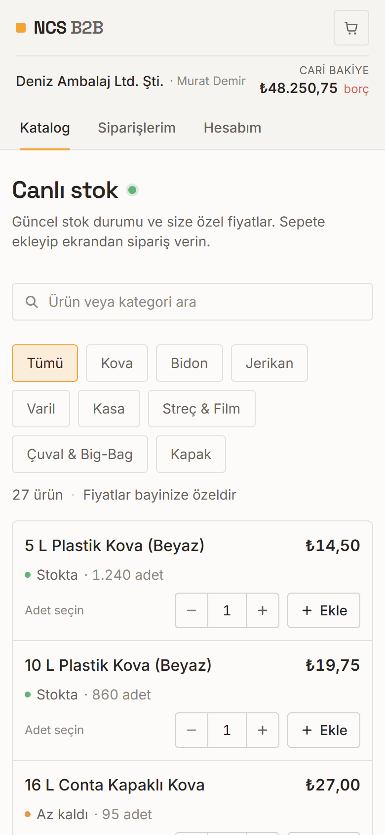 NCS B2B mobil katalog, yoğun stok listesi